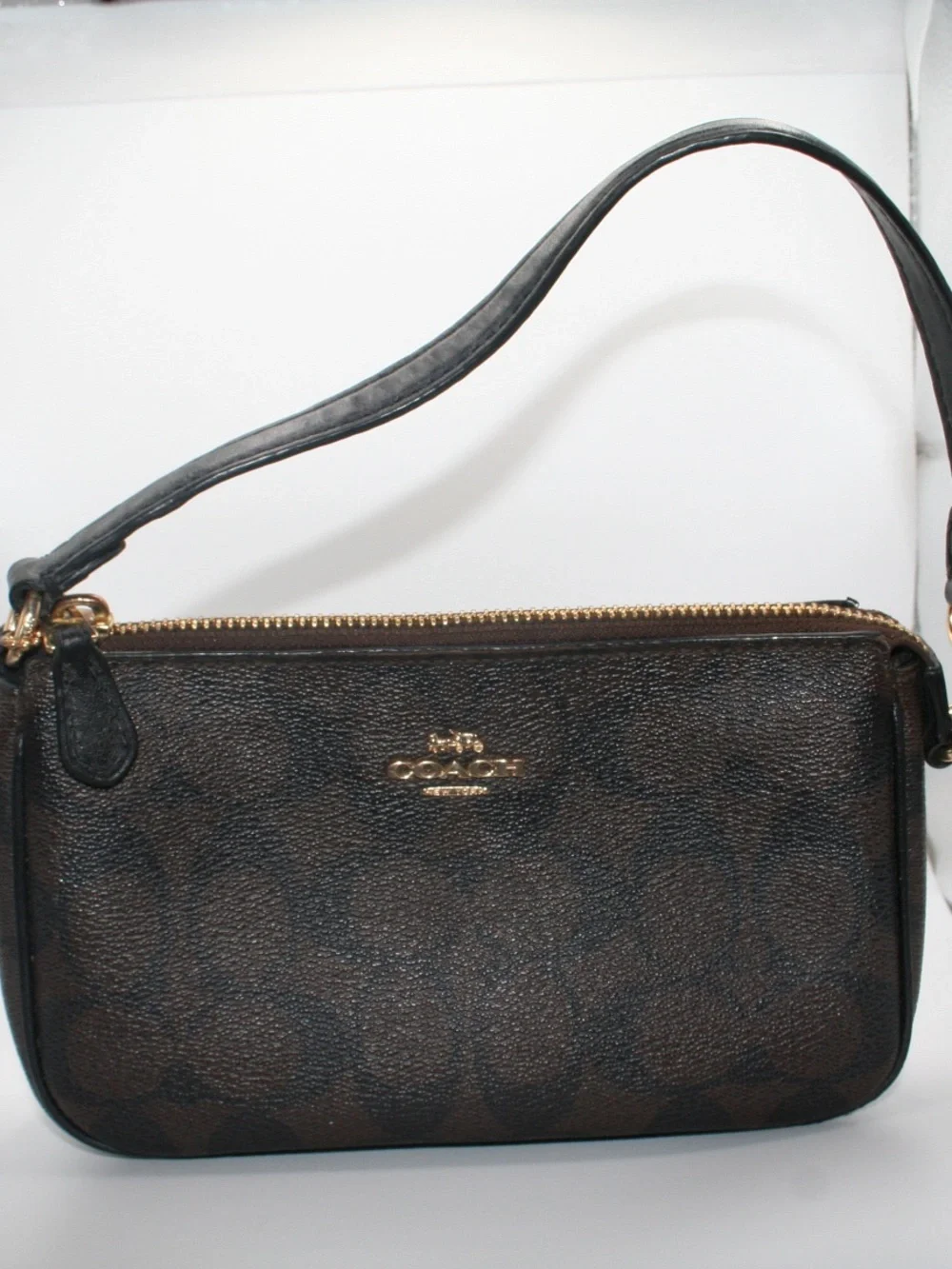 Coach Brown Signature Zip Wristlet with Gold Hardware